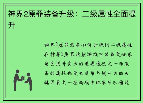 神界2原罪装备升级：二级属性全面提升